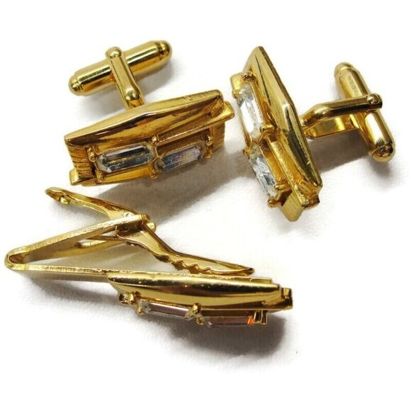 Cufflinks Set w Tie Clasp Gold Tone Emerald Cut Rhinestone Dress Suit Vintage - Picture 3 of 9